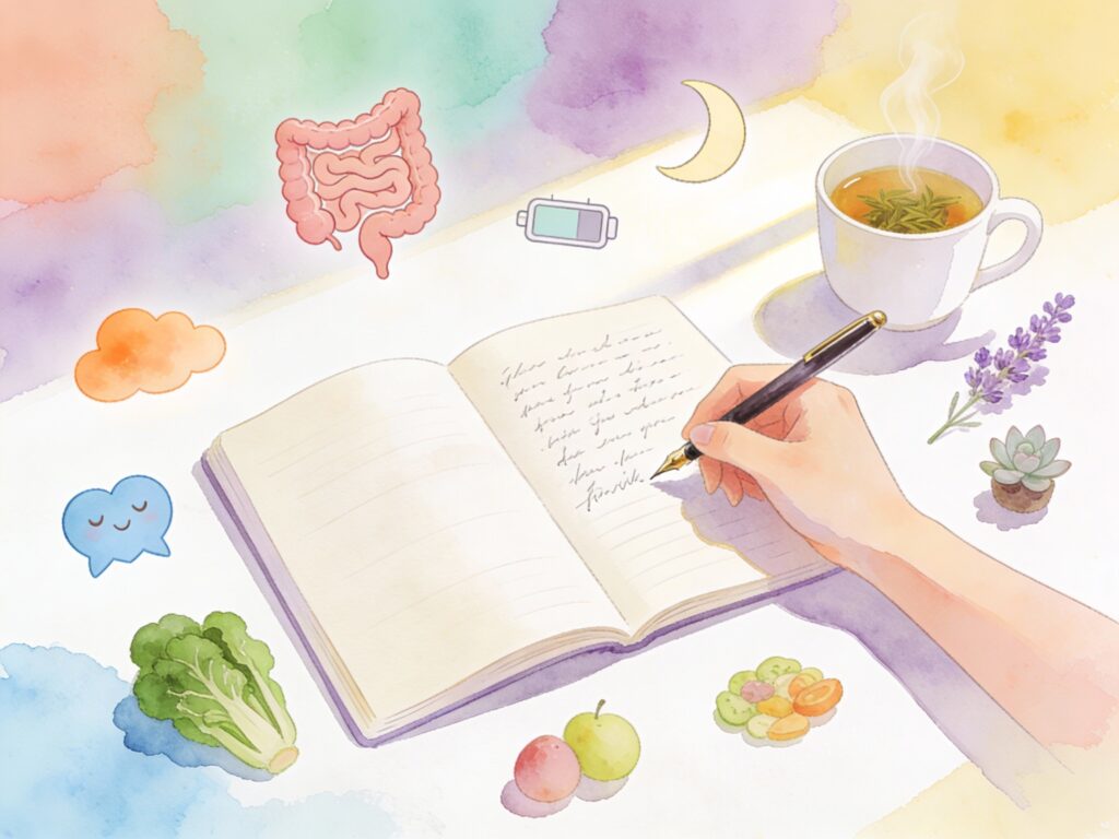 Journal intime ouvert entouré de plantes, tisane, fruits et légumes, illustrant un plan d'action naturel et doux pour retrouver un équilibre durable entre émotions et santé