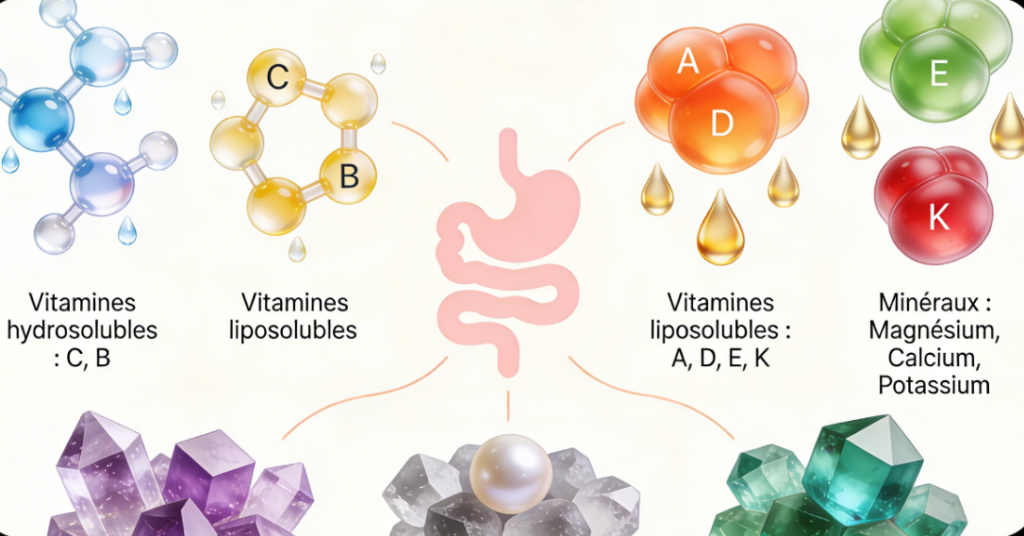 Illustration éducative montrant les deux familles de vitamines (hydrosolubles et liposolubles) et les minéraux essentiels (magnésium, calcium, potassium), reliés à l'intestin qui joue un rôle clé dans leur absorption.