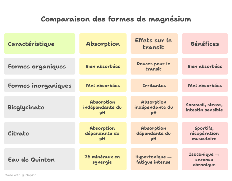 Tableau comparatif des formes de magnésium : bisglycinate, citrate et eau de Quinton , absorption, effets sur le transit et bénéfices