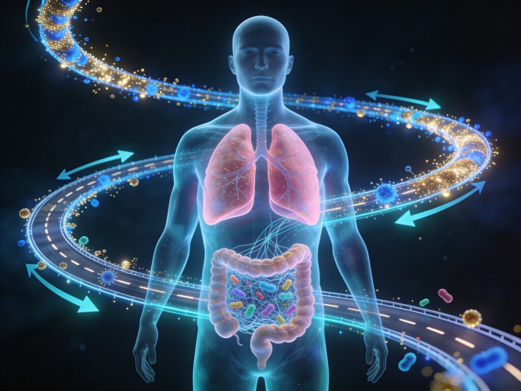 Illustration médicale de l'axe intestin-poumons : une silhouette humaine transparente montrant l'intestin et les poumons reliés par un chemin lumineux de particules, symbolisant l'autoroute biochimique de l'inflammation entre le microbiome intestinal et le système respiratoire.