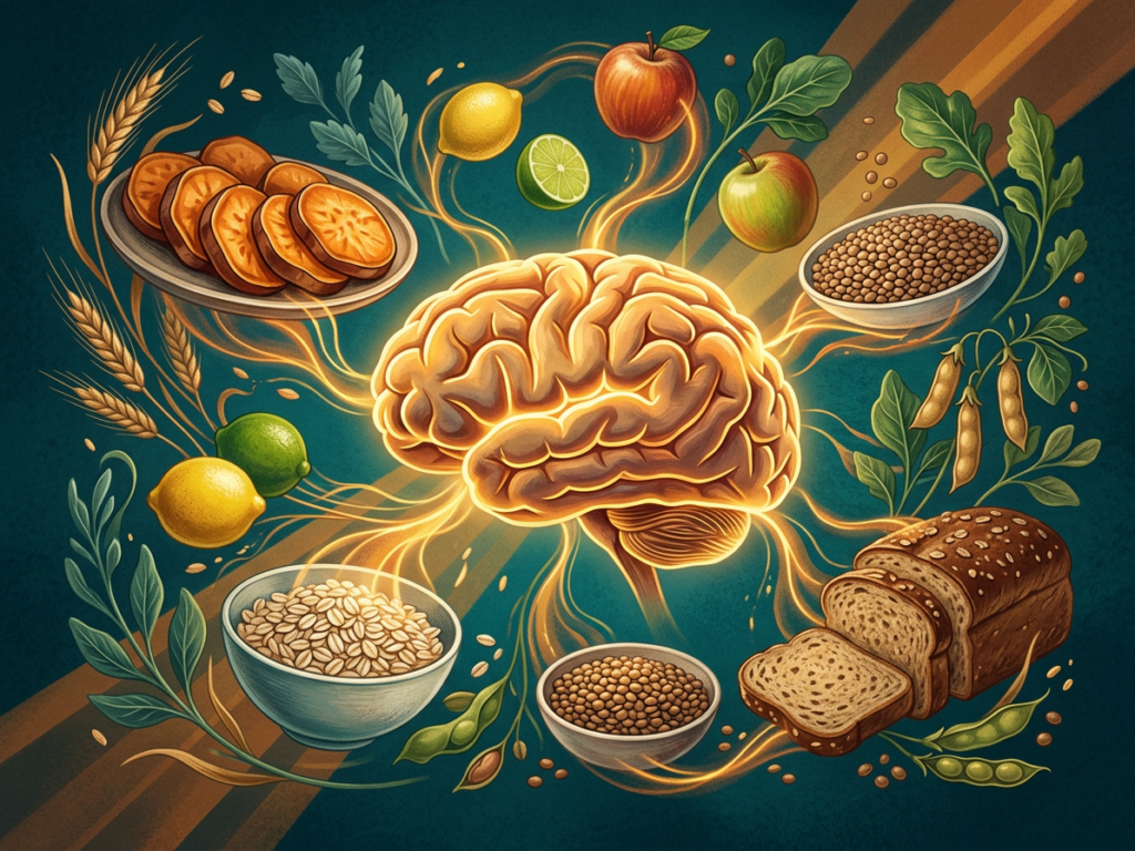 Illustration éditoriale d'un cerveau humain stylisé entouré d'aliments riches en glucides complexes — patate douce, avoine, lentilles, céréales complètes et fruits — symbolisant l'énergie mentale stable et la concentration apportées par une alimentation naturelle.