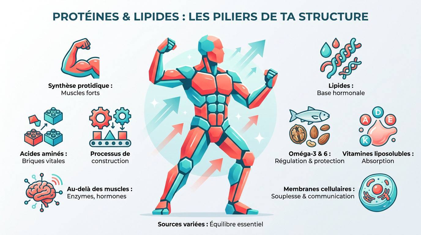 Représentation visuelle des sources de protéines et de lipides essentiels pour la structure corporelle