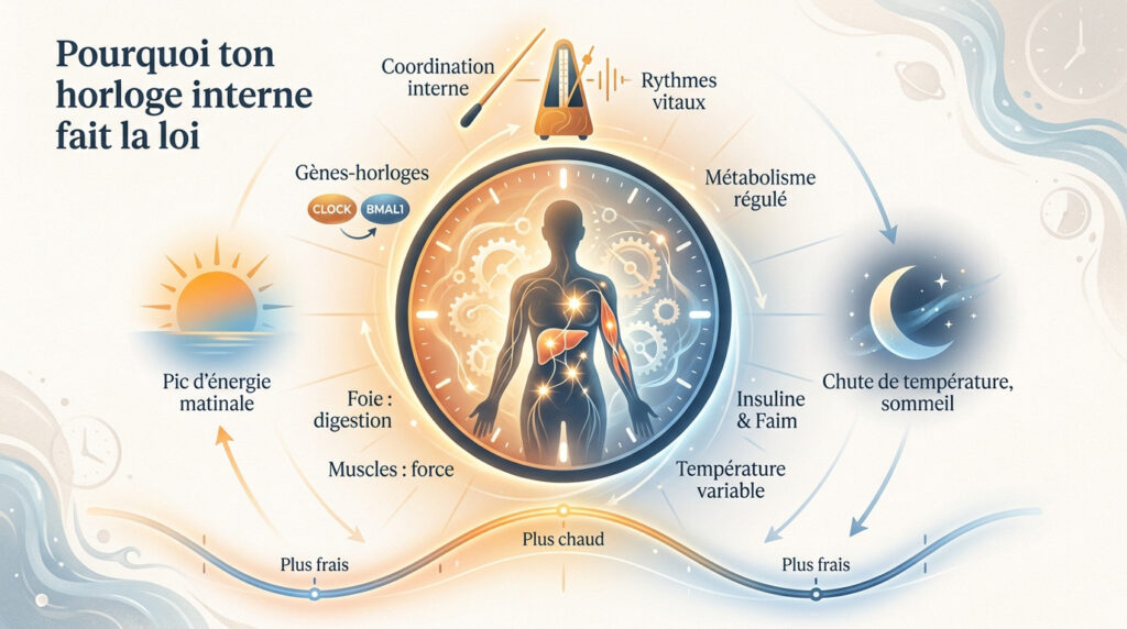 Infographie illustrant le fonctionnement du rythme circadien humain avec une horloge centrale et des cycles biologiques.