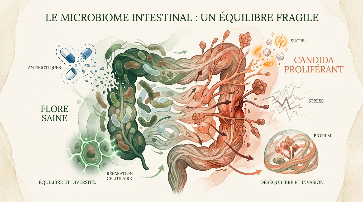 Déséquilibre du microbiote intestinal et prolifération fongique
