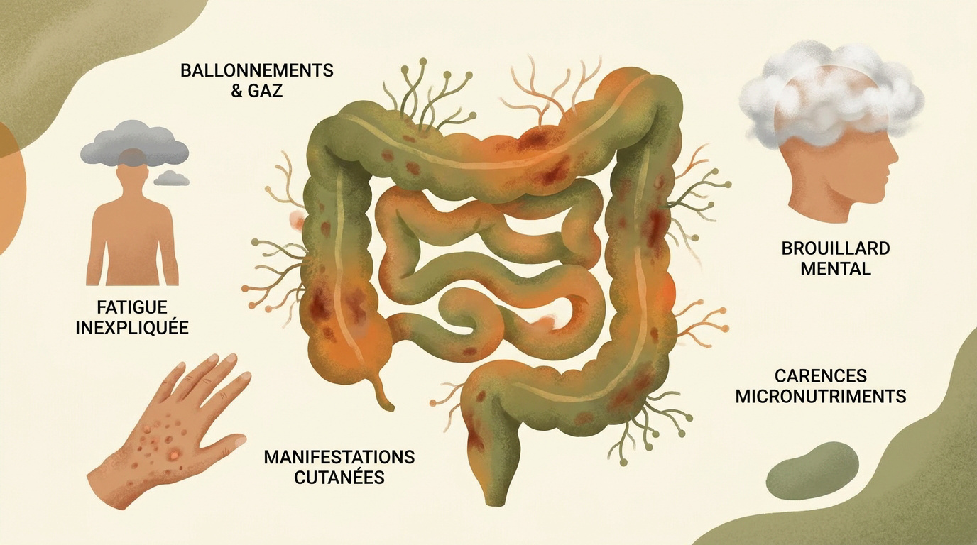 Illustration des symptômes d'un microbiote intestinal perturbé et de la prolifération de Candida