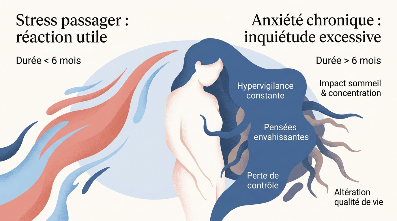 Comparaison visuelle entre les pics de stress temporaires et le plateau de l'anxiété chronique