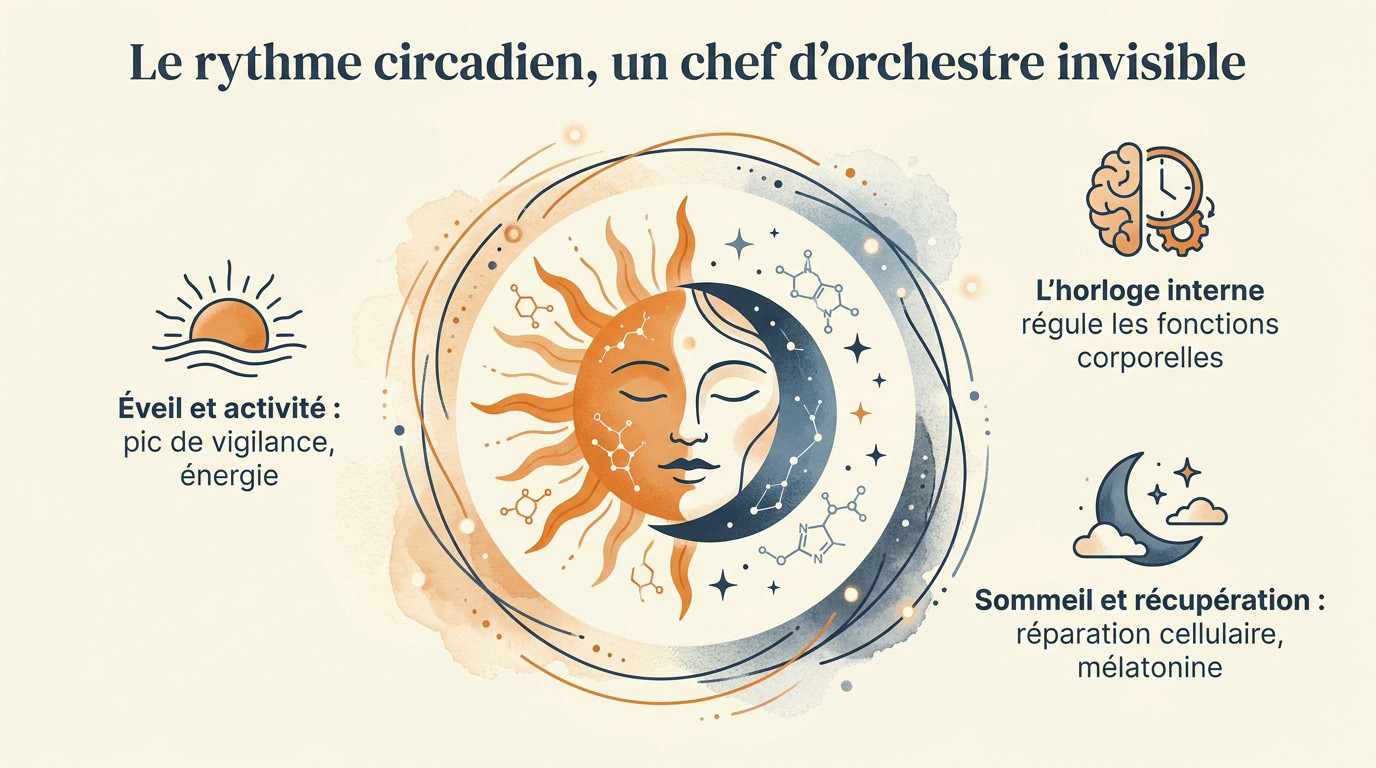 Représentation de l'horloge biologique humaine et du cycle circadien