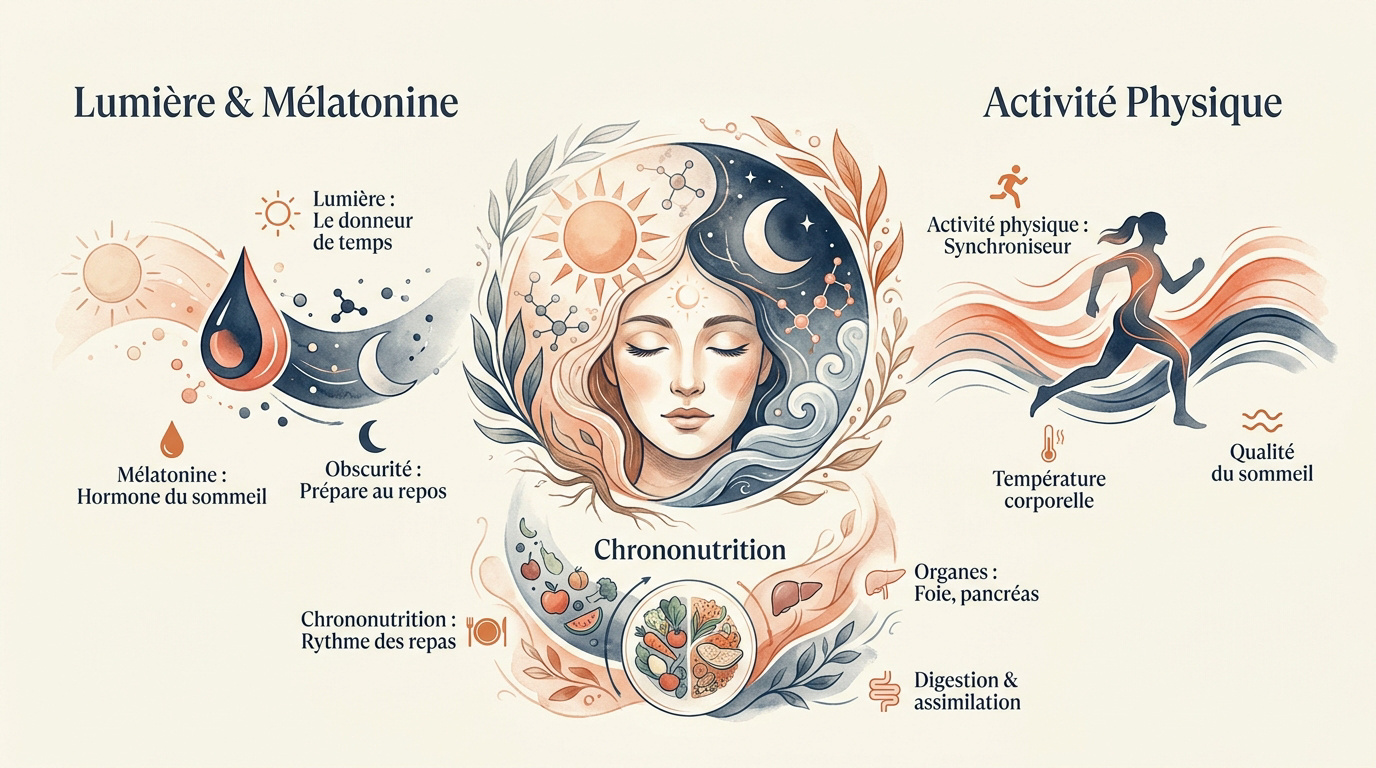 Schéma illustrant la lumière, l'alimentation et le sport comme régulateurs du rythme circadien