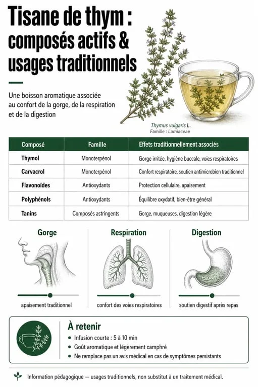Infographie sur les bienfaits de la tisane de thym et ses composés actifs