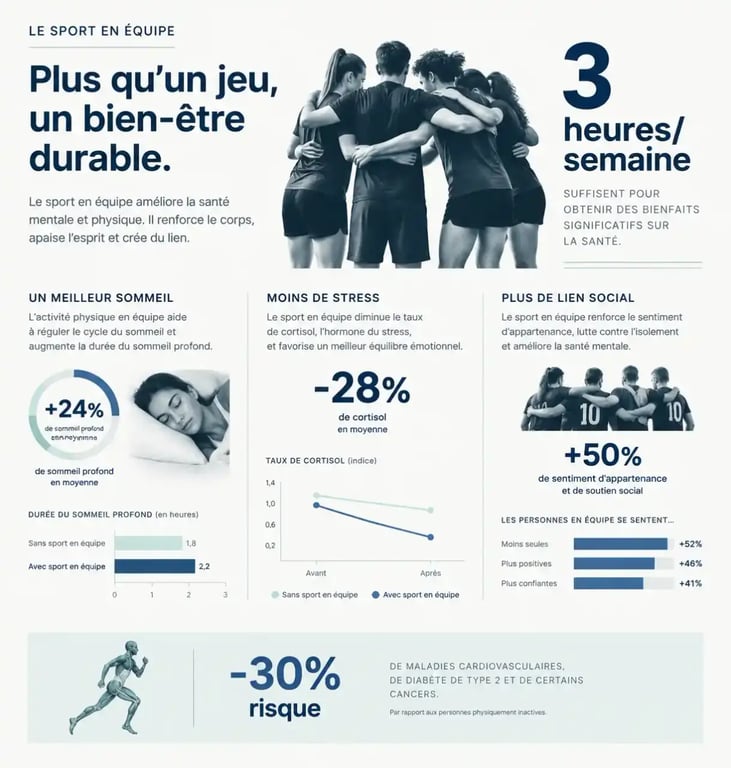 Infographie sur les bienfaits du sport collectif pour le bien-être mental et la santé