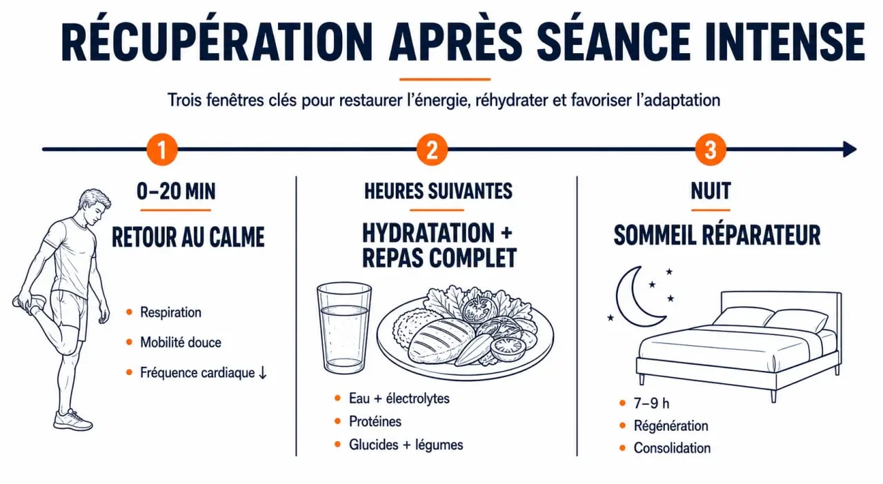 Comment optimiser sa récupération physique après une séance intense : frise des bons gestes de récupération après l’effort