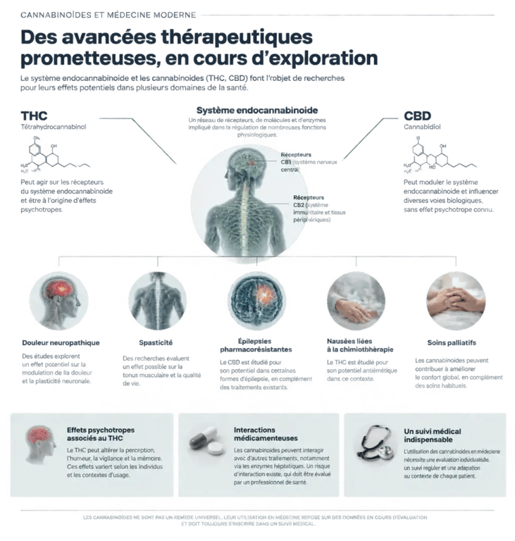 Infographie scientifique sur les avancées thérapeutiques des cannabinoïdes, du THC et du CBD
